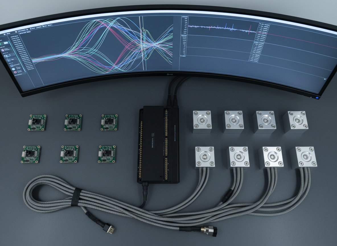 An overhead photographic view of a large, dark-grey worktable covered with neatly arranged rotorcraft avionics prototypes: compact IMU modules, vibration sensors mounted to machined aluminum test blocks, shielded data buses, and a slim flight data recorder with exposed connectors. In the upper edge of the frame, a curved panoramic monitor displays colorful, abstract data visualizations of vibration spectra and sensor fusion timelines, intentionally blurred to avoid readable text. Cool, even studio lighting from above eliminates harsh shadows, emphasizing textures of anodized metal, braided cables, and PCB surfaces. The composition uses a clean, organized layout with clear negative space around key components, creating a modern, analytical, internal R&D mood in realistic photographic style.