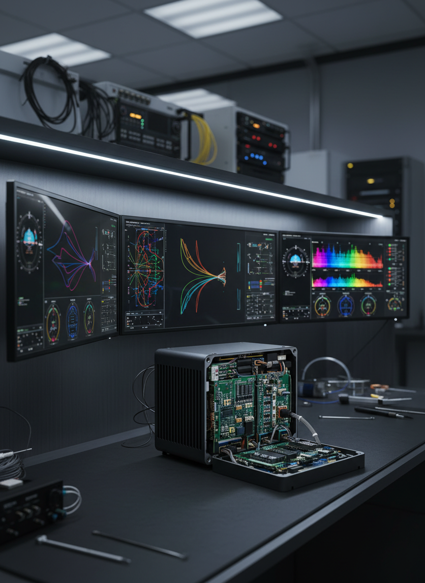 A sleek avionics lab workbench featuring a compact rotorcraft flight computer module at the center, its matte black aluminum housing exposed to reveal meticulously arranged circuit boards, connectors, and shielded cables. Surrounding it are multiple ultra-wide avionics displays mounted on a dark, brushed-metal panel, each showing crisp, colorful synthetic flight data, vibration spectra, and sensor fusion overlays without any readable text. Cool, diffused overhead LED lighting casts precise reflections on the hardware edges, creating a clean, high-tech atmosphere. Shot at eye level with a slight three-quarter angle, the composition balances the central module against softly blurred background equipment racks, conveying a focused, professional, internal development environment in photographic realism.