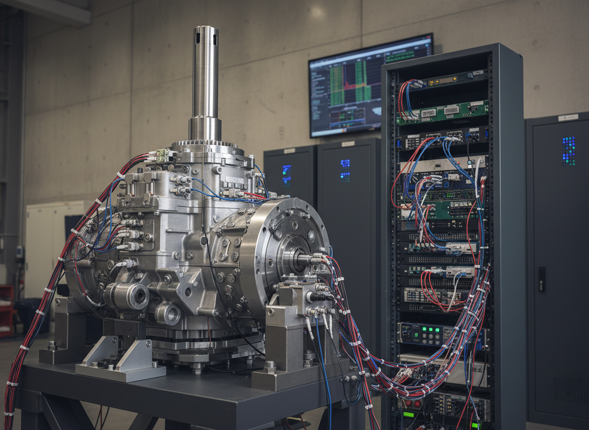 A high-detail photographic scene of a rotorcraft drivetrain section mounted on a rigid test stand, its metallic gearbox housing and rotor mast instrumented with dense arrays of accelerometers and strain sensors, each connected by thin, labeled cables running to a nearby avionics rack. The background features tall, dark equipment cabinets with subtle indicator lights and a wall-mounted display showing blurred real-time vibration analysis plots. Neutral, diffused industrial lighting from overhead fixtures creates gentle reflections on machined steel surfaces and coaxial connectors. Captured from a low, three-quarter angle, the composition emphasizes the mechanical mass in the foreground with the avionics rack in sharp focus behind, conveying the integration of physical rotor systems and advanced monitoring electronics in a controlled, professional test environment.