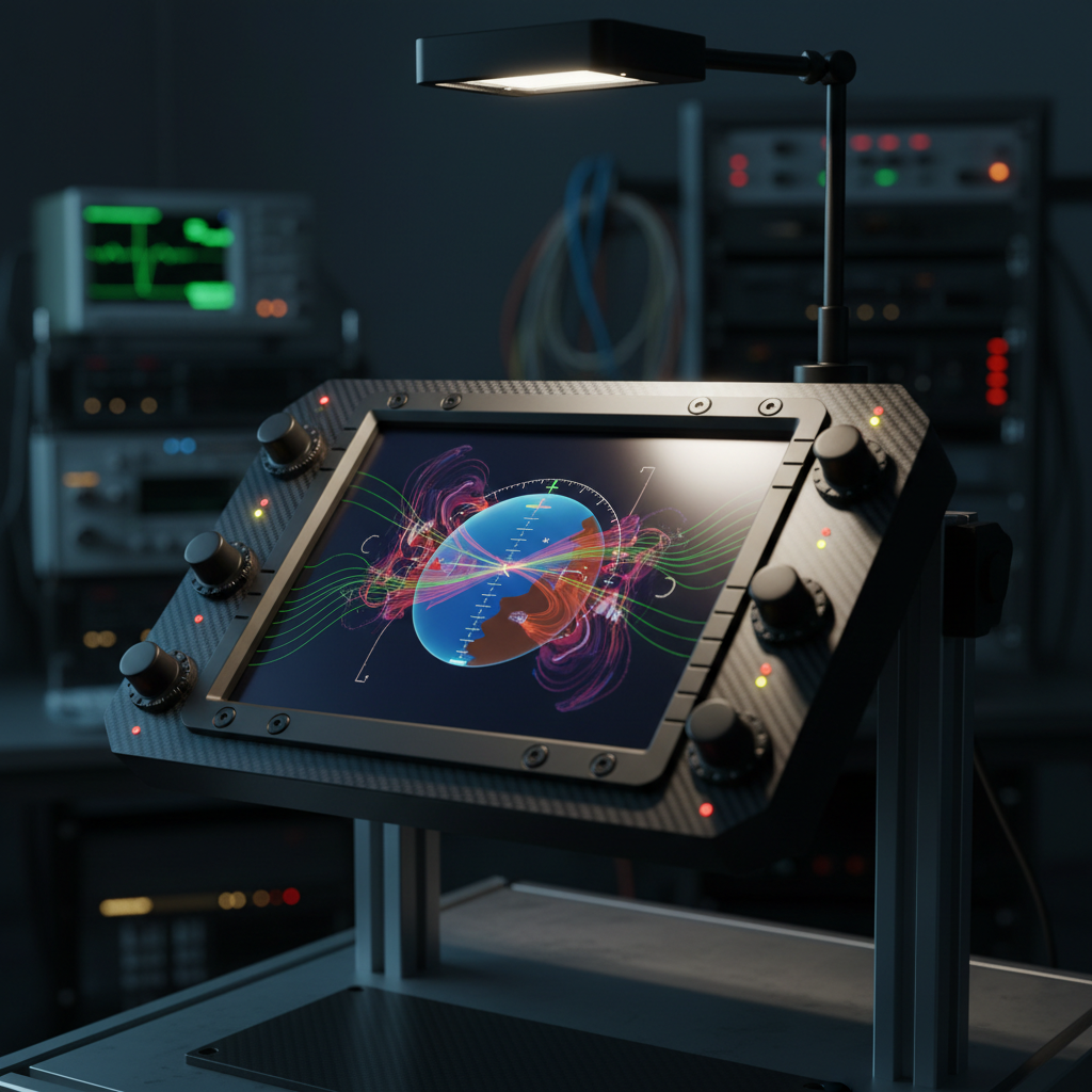 A close-up photographic view of a rotorcraft instrument panel mockup on a test stand, dominated by a large, high-resolution multifunction display showing an abstracted attitude indicator, moving map hints, and layered sensor fusion graphics, all without legible text. Surrounding the display are ruggedized bezels, rotary encoders, and status LEDs embedded in a dark carbon-fiber fascia. The environment is a dim engineering lab, with a single adjustable task light illuminating the panel from above, creating controlled highlights and subtle shadows. Shot from a slightly elevated angle with shallow depth of field, the focus is razor-sharp on the display glass and textures, while background oscilloscopes and data acquisition units fade into a soft, technical bokeh, evoking precision and quiet concentration.